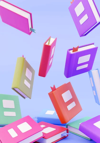 3D-Darstellung. Viele gestapelte Bücher fallen auf blauen Hintergrund — Stockfoto