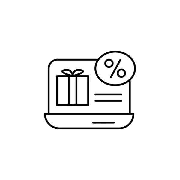 E-commerce portátil, caja de regalo, icono de vector contorno de descuento. — Vector de stock