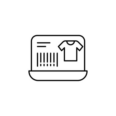 E-commerce laptop, t shit, barcode outline vector icon.