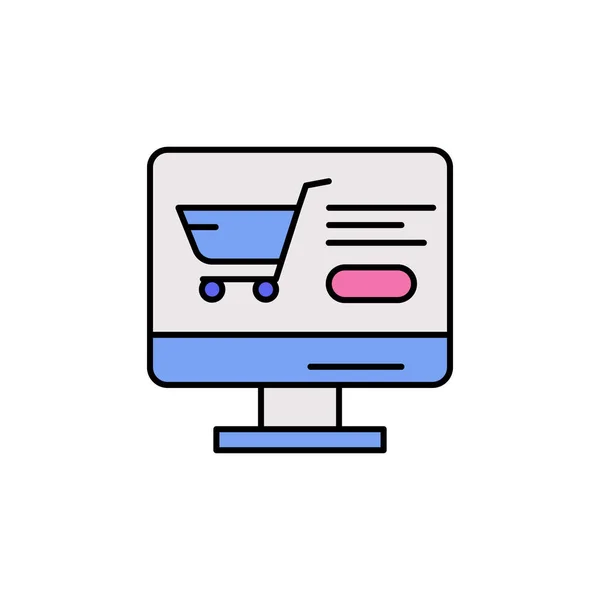 Monitor de comercio electrónico, carrito de la compra, icono de vector de color botón. — Vector de stock
