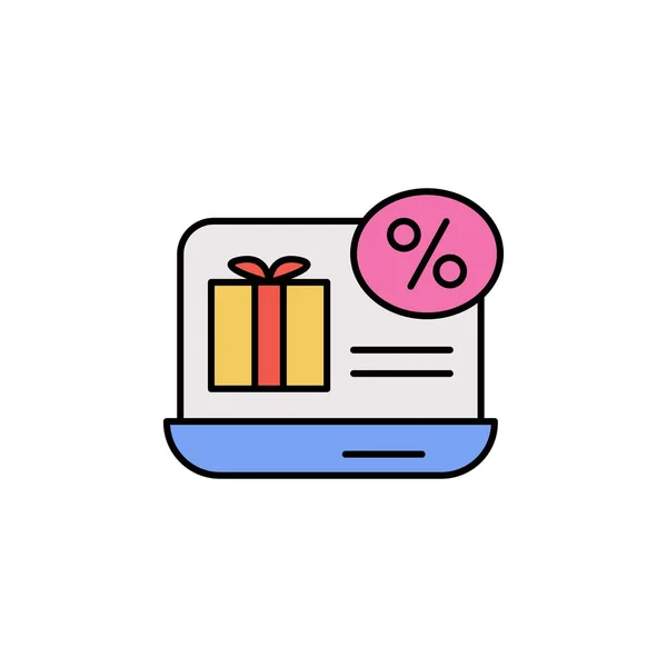 Laptop elektronického obchodu, dárkový box, ikona barevného vektoru slev — Stockový vektor