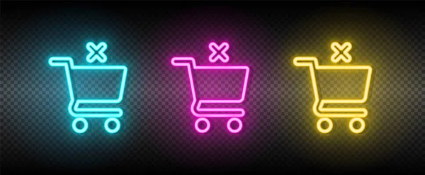 Nakupování, košík, odstranit neonový vektor ikonu. Ilustrace neonově modrá, žlutá, červená ikona nastavena. — Stockový vektor