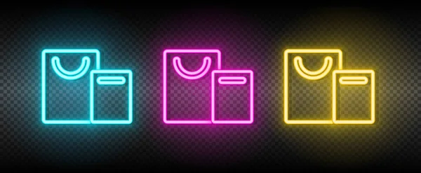 Tašky, nákupní ikona neonového vektoru. Ilustrace neonově modrá, žlutá, červená ikona nastavena. — Stockový vektor