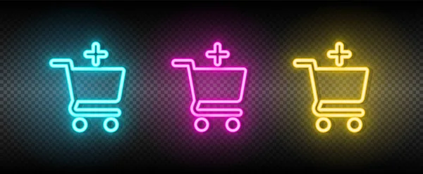 Přidat, koupit, nakupovat neonové vektorové ikony. Ilustrace neonově modrá, žlutá, červená ikona nastavena. — Stockový vektor