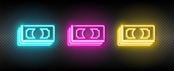 Bills, cash, money, dollar neon vector icon. Illustration neon blue, yellow, red icon set. — Stock Vector