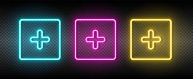 Kutu neon vektör simgesi ekle. İllüstrasyon neon mavi, sarı, kırmızı simge seti.