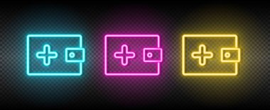 toplama, para, cüzdan neon vektör simgesi. İllüstrasyon neon mavi, sarı, kırmızı simge seti.