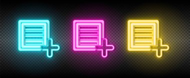 Yeni düzen, kutu neon vektör simgesi. İllüstrasyon neon mavi, sarı, kırmızı simge seti.