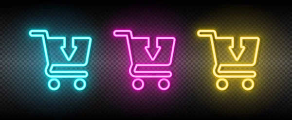 Koupit, vozík, nákupní neonový vektor ikona. Ilustrace neonově modrá, žlutá, červená ikona nastavena. — Stockový vektor