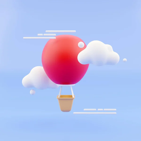 Conceito de renderização 3D de vibração de verão. um balão de ar quente amarelo com uma cesta entre as nuvens no fundo do céu azul. Renderização 3D. — Fotografia de Stock