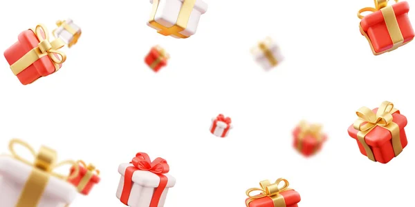 Ilustración 3D de la lluvia de muchos regalos de oro blanco y oro rojo con un fondo blanco. —  Fotos de Stock