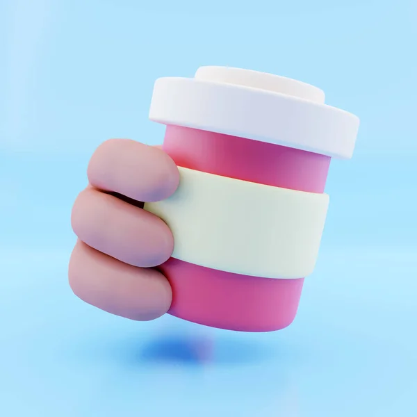 Cartoon character hand in suit holding coffee or tea cup over white background. 3d render illustration. — Stock Photo, Image
