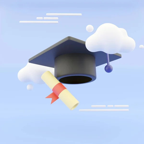 Graduation hat and diploma cartoon style with clouds on abstract background. 3D Illustration. 3D Rendering. — Stock Photo, Image