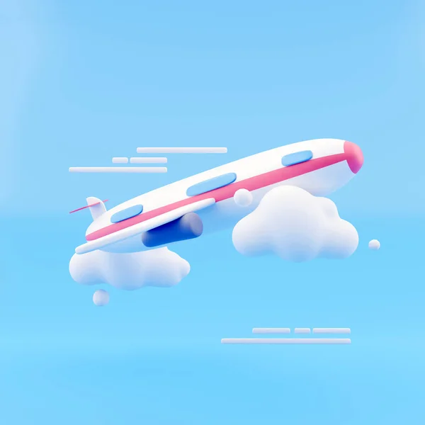 Latający samolot z chmurą na niebieskim tle. Kreatywne minimum koncepcji. 3d renderowanie — Zdjęcie stockowe