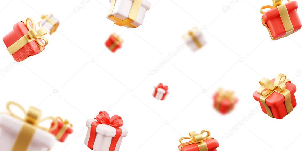 3D illustration of Rain of Many White Gold and Red Gold Gifts with a white background.