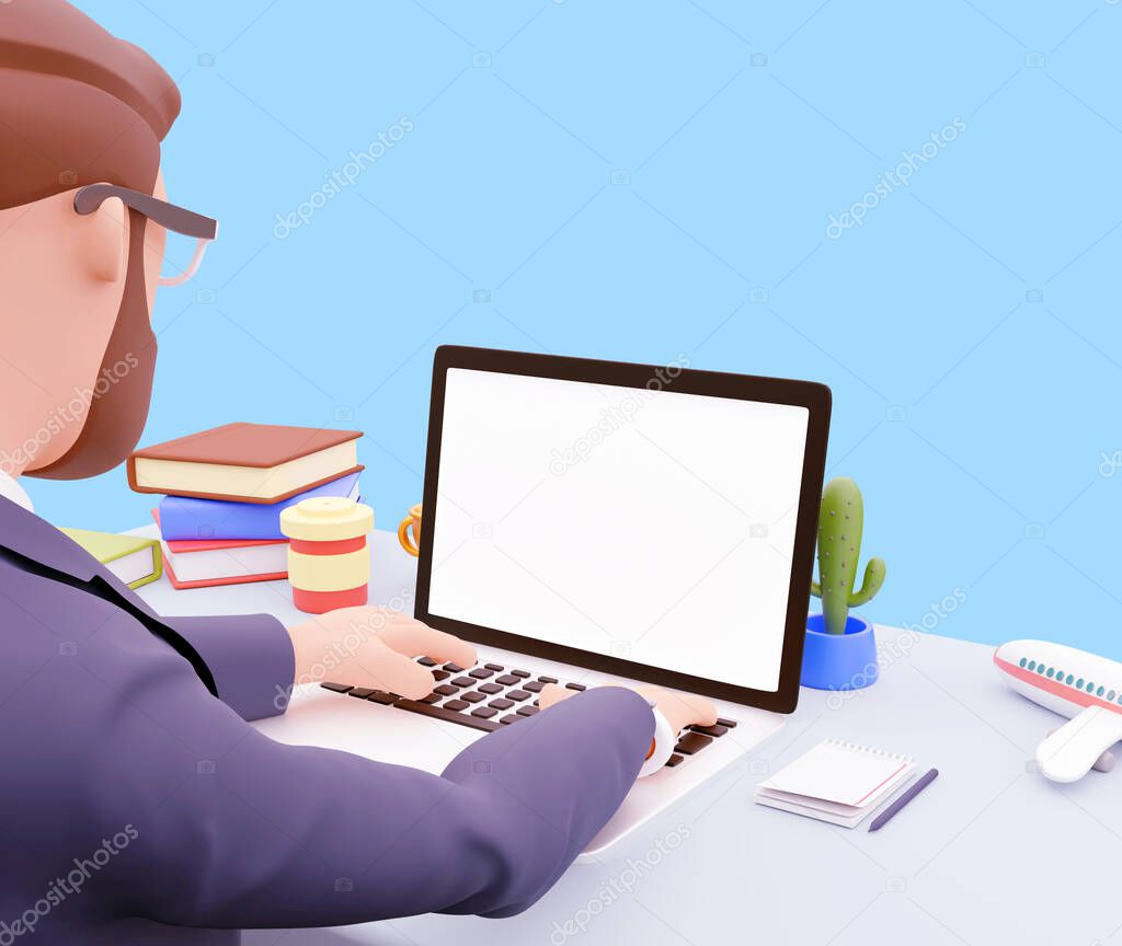 Portrait of handsome cartoon businessman character man over blue background use laptop and white screen for mockup. 3d render illustration.