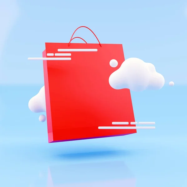 Červená nákupní taška s mrakem izolované na bílém pozadí 3D vykreslování — Stock fotografie