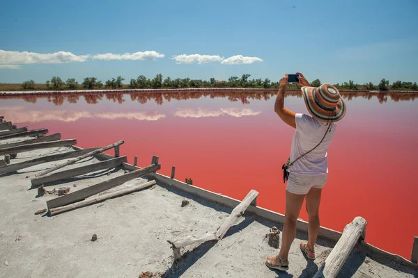 Kherson bölgesindeki Kinburn tükürüğünün yanındaki pembe göl.