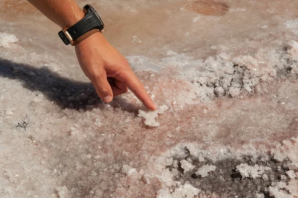 Man Shows Salt Crystals His Hand Summer 스톡 사진