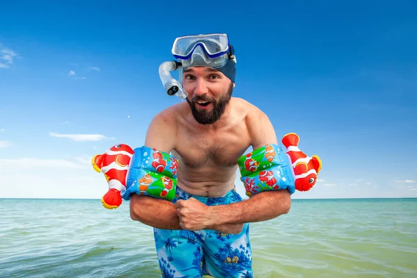 Man Beard Snorkeling Mask Snorkel Stands Wet Sea Summer Stock Photo