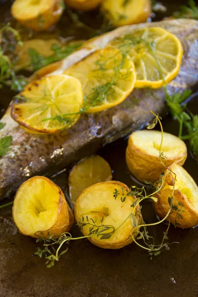 Potatoes And Lemon On Trout Fillet — Stock Photo, Image
