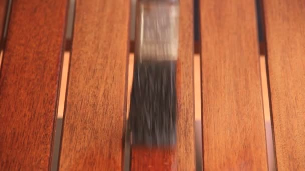 Menuisier appliquant un vernis sur une table en bois — Video