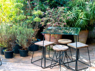 Boş cam masa, tahta sandalyeler, tahta bacaklar, ahşap zemin, açık yeşil bahçe..