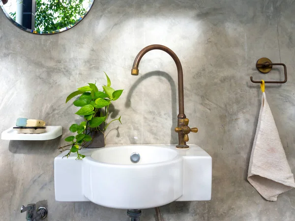 Clean loft style bathroom interior with white modern sink basin and brass faucet, green leaves in pot and round mirror on concrete wall background.