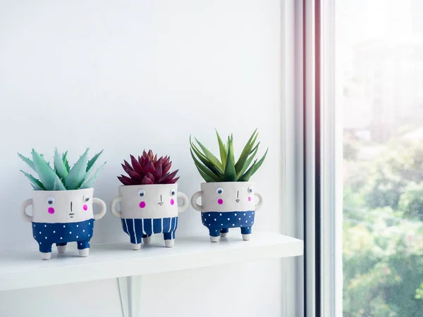 Cute face ceramic plant pots with green and red succulent plants on white shelf on white wall background near glass window with copy space. Three small modern DIY cement planters trendy decoration.