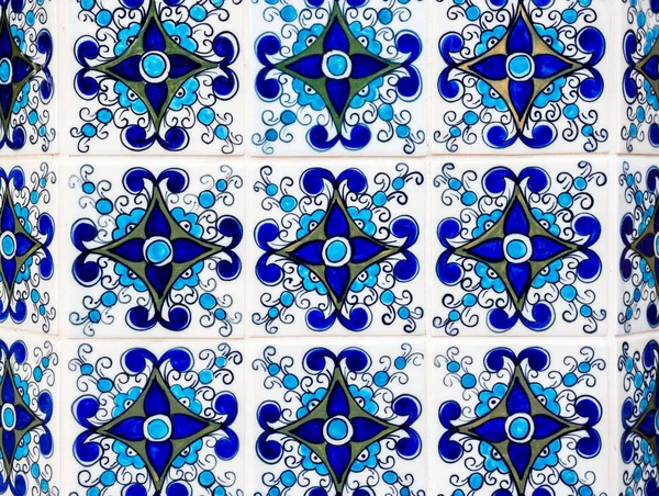 Blue mosaic tiles wall background Moroccan style. Vintage traditional portuguese ceramic tiles background.