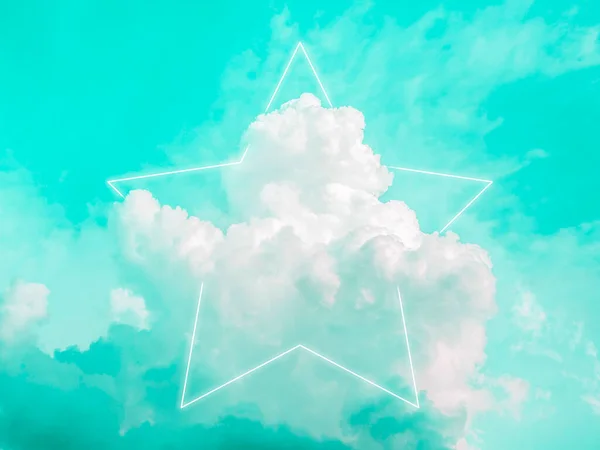 Blank star shape white glowing light frame on dreamy fluffy cloud with aesthetic green neon sky background. Abstract minimal natural luxury background with copy space.