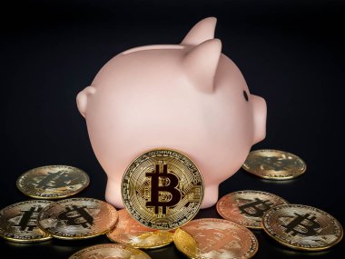 Bitcoin teknolojisi geçmişi. Koyu arka planda pembe kumbarası olan altın bitcoin. Dijital cüzdan, kripto para birimi yatırımının yararları ve tasarruf kavramı.