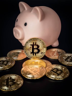 Bitcoin teknolojisi geçmişi. Koyu arka planda pembe kumbaralı altın bitcoin, dikey stil. Dijital cüzdan, kripto para birimi yatırımının yararları ve tasarruf kavramı.