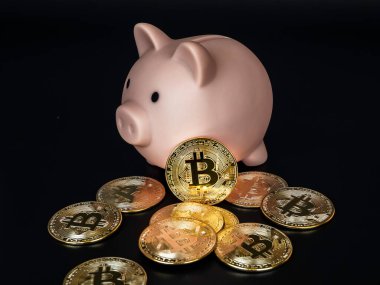 Bitcoin teknolojisi geçmişi. Koyu arka planda pembe kumbarası olan altın bitcoin. Dijital cüzdan, kripto para birimi yatırımının yararları ve tasarruf kavramı.