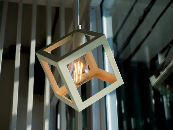 White Cubic Frame Hanging Light Bulb Modern Ceiling Lamp Box — Stock Photo, Image