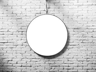 Yuvarlak ışık kutusu. Beyaz tuğla duvar zemininde beyaz boş çember uzay çerçevesi.