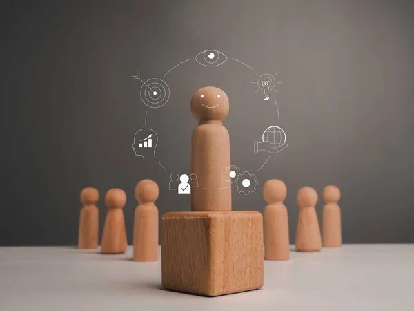 Leadership with business strategy and key to success concept. Wooden figure, leader with influence and empowerment standing on the box and team and business management vision icon, with minimal style.