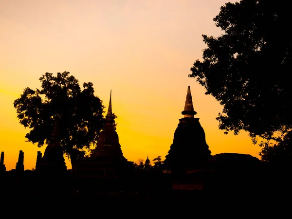 Csodálatos Festői Sziluett Pagoda Templom Arany Naplemente Sukhothai Történelmi Park — Stock Fotó