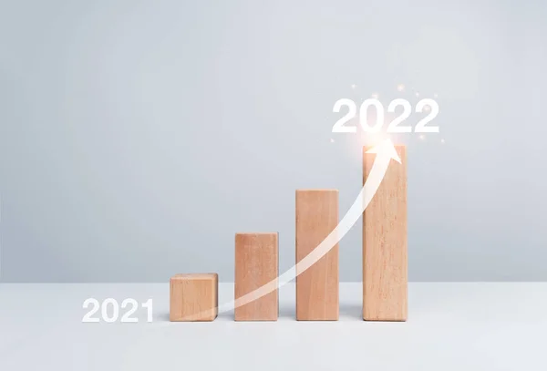 Shining rise up arrow on wooden blocks chart steps from the year 2021 to 2022 on white background with copy space, minimal style. The business growth process, and economic improvement concept.