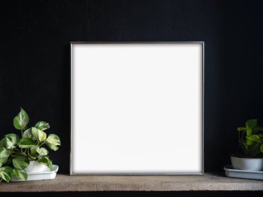 Yeşil bitkilerle dolu ahşap bir rafa yerleştirilmiş boş bir çerçeve ya da bez çerçevenin kopyası. İç dekorasyon ve minimalist ekran sahnelerinde resim, fotoğraf veya tasarım sergilemek için ideal.