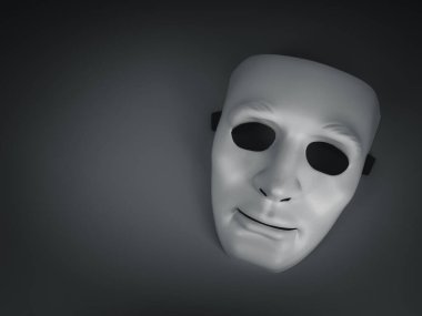Siyah arka planda, kopyalama alanı olan beyaz insan yüzü maskesi. Dolandırıcı, aldatma ve gizli kimlik. Çevrimiçi dolandırıcılık, siber suç, taklit ve dijital dünyadaki suç niyeti kavramı.