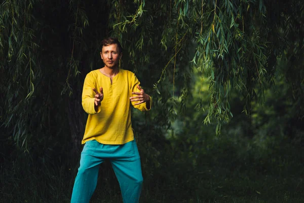 Man practicing neigong in nature near the foliage — Stock Photo, Image