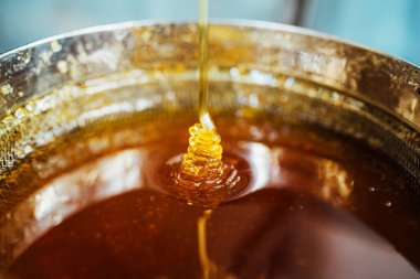 Kalın ve saf bal damlatan yeri kapat. Arıcılık ürünleri işleniyor.