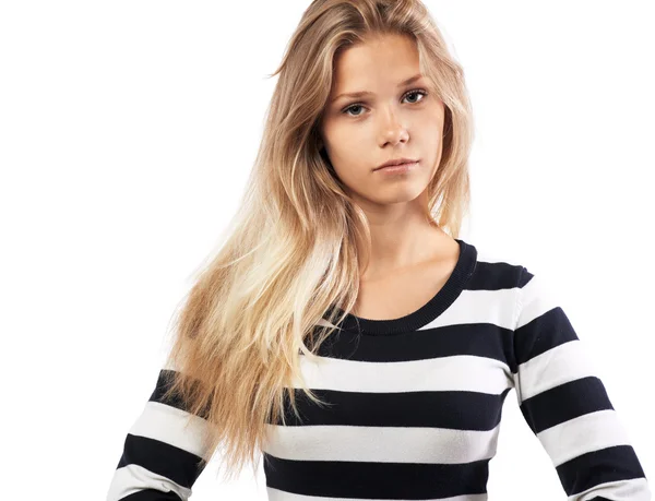 Girl in a striped sweater tired — Stock Photo, Image