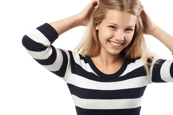 Beautiful girl in a striped sweater cute smiling — Stock Photo, Image