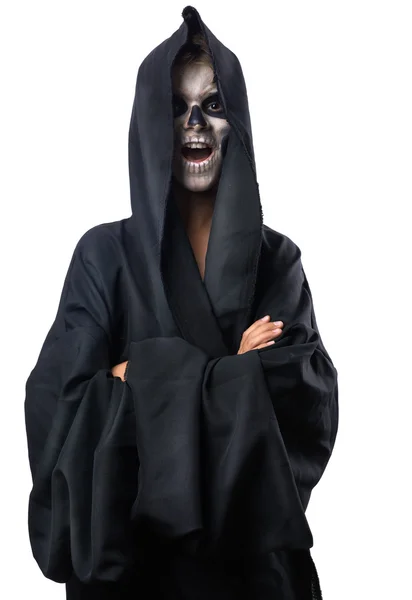 Teen with make-up of skull in black cloak laughs — Stock Photo, Image