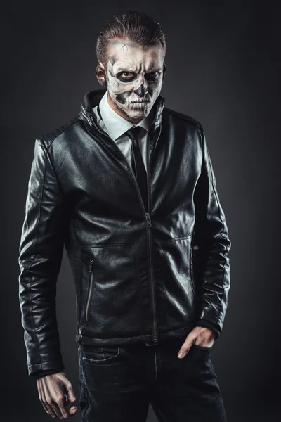 Tough guy leather jacket with the make-up skull — Stock Photo, Image