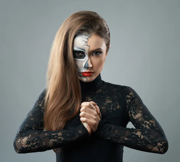 Beautiful woman with makeup skeleton — Stock Photo, Image