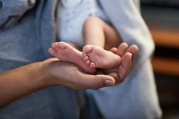 Mom keeps  miniature newborn feet in hands — Stock Photo, Image