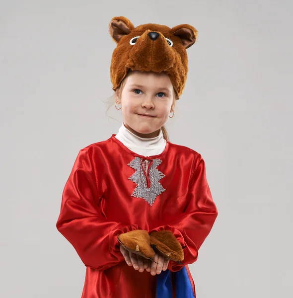 Red-haired girl in a suit of the Slavic bear — Stock Photo, Image